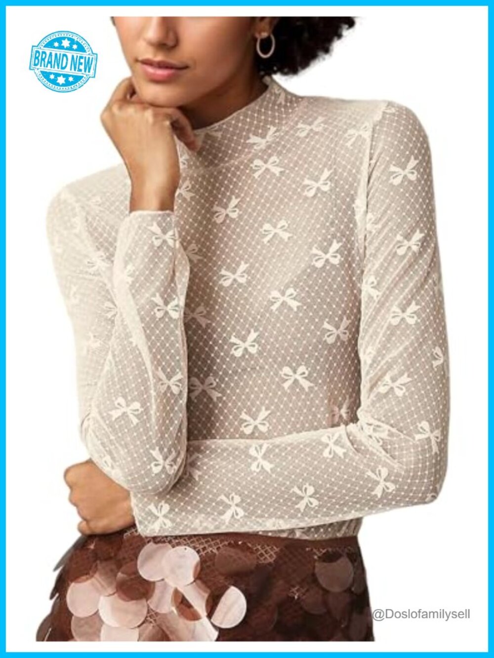 Lace Mesh Bow Top Long Sleeve Mock Neck See Through Layering Shirt